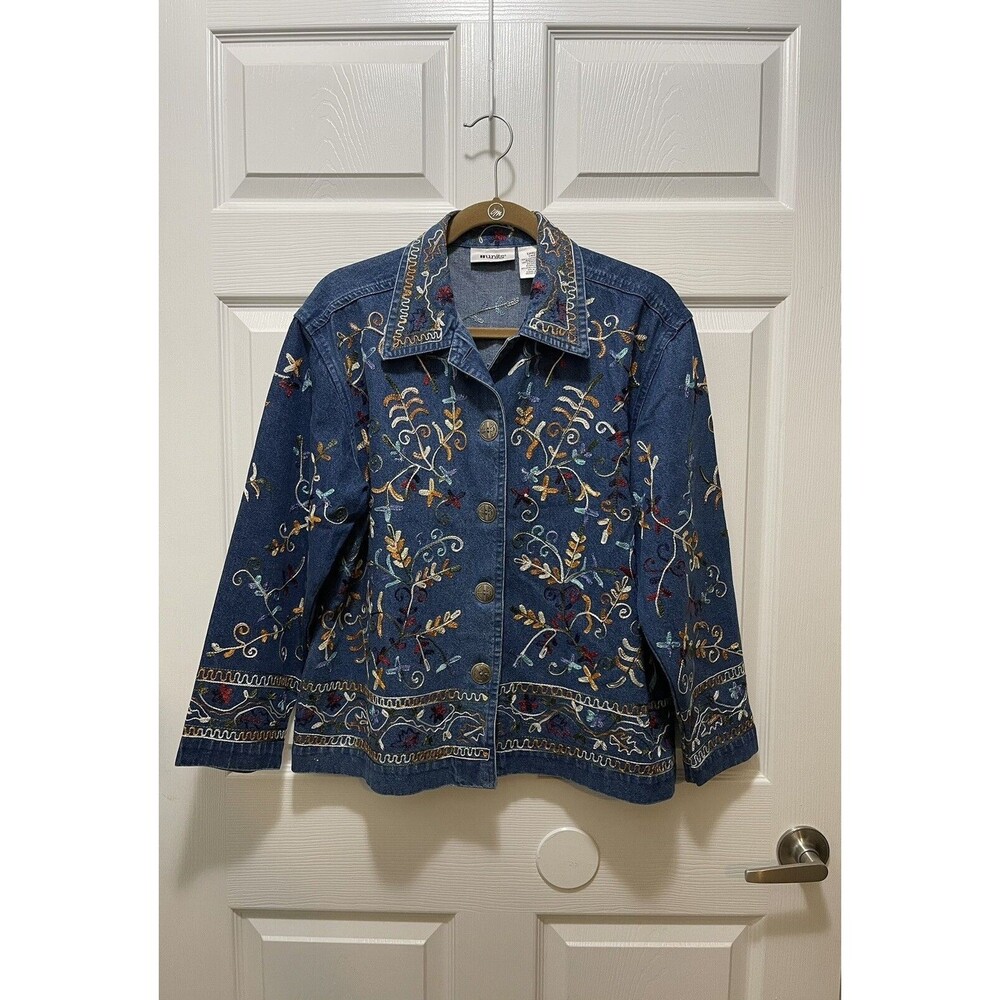 Womens Denim Jean Jacket Size S Boho Embroidery Flowers